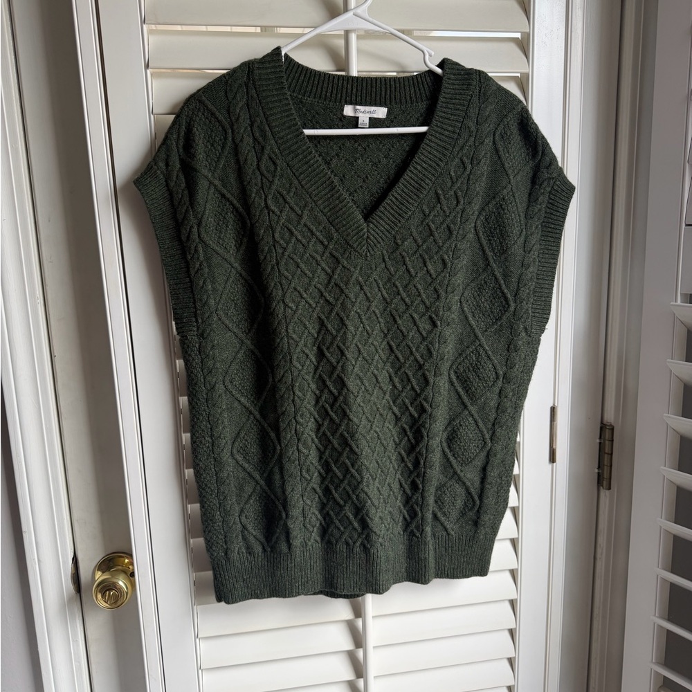 Madewell Dark Green V-Neck Cable Knit Sweater Vest